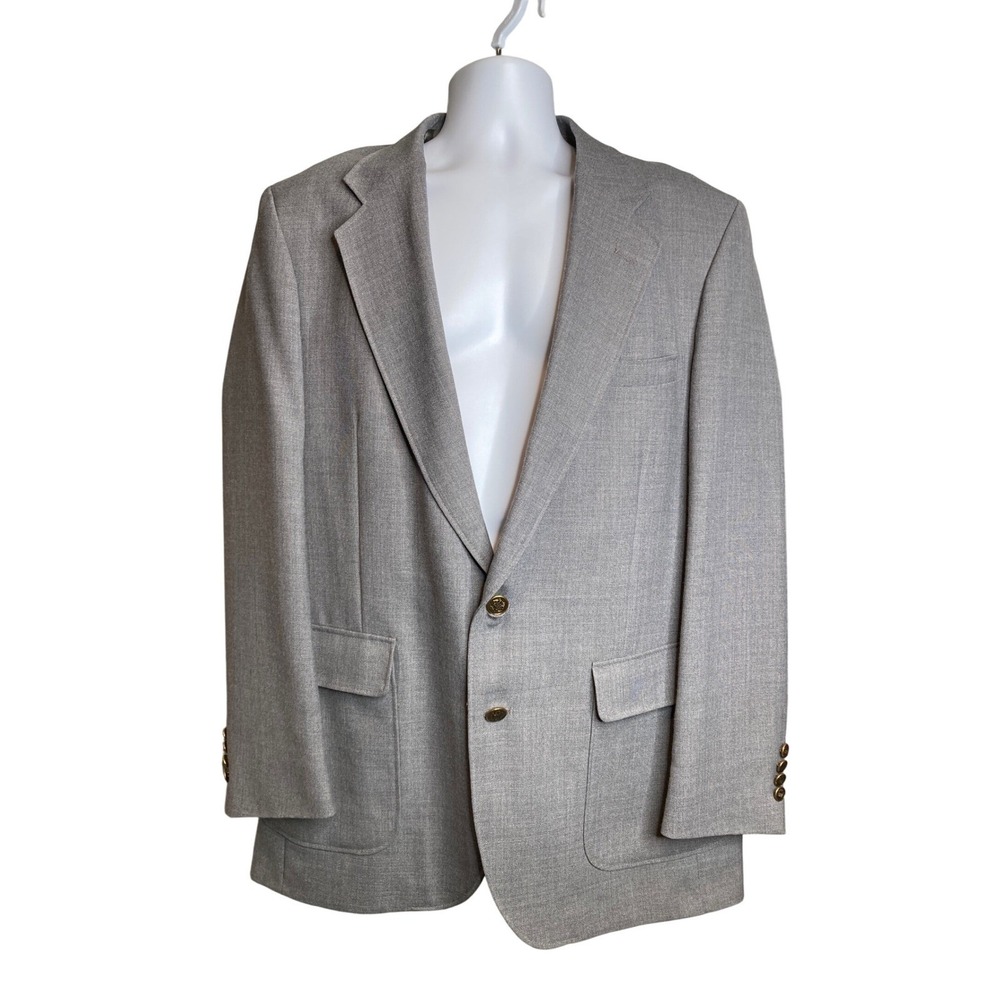 VTG 70s BARRINGTON Mens Gray Gold-Buttons Blazer Sz 42L Preppy-Retro Old School